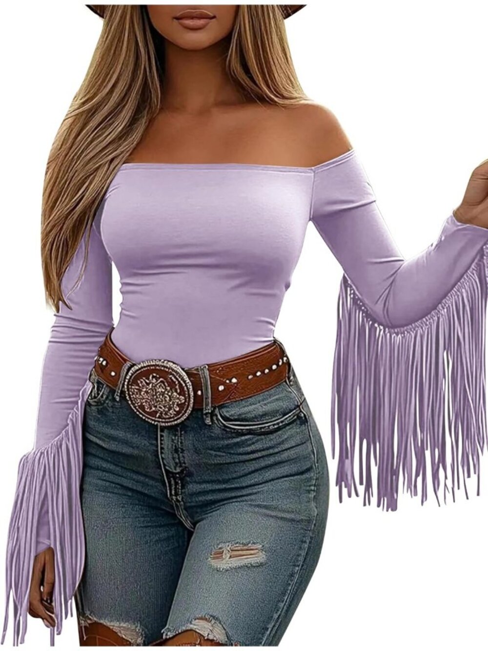 Women's Purple Stretchy Crop Off Shoulder Concert Cowgirl Fringe Tassel Blouses